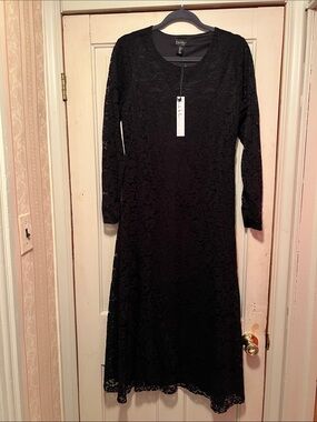 Nicole Miller Black Lace Long-Sleeve Midi Dress